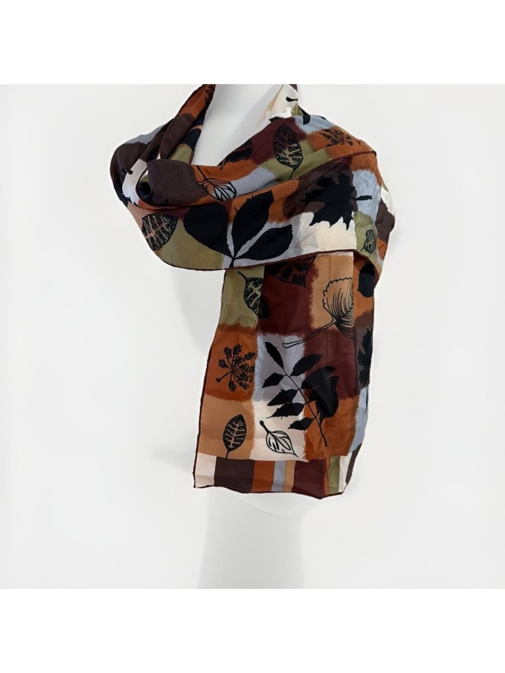 Vintage Halston Silk Scarf 13 X59" Brown Earthy Leaf Print Autumn Old Money